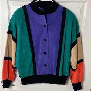 VTG 1980s 90s Anacora Colorful Patchwork Color Block Suede Style Bomber Jacket